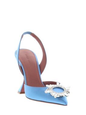 Amina Muaddi Sky Blue Slingback Pump with Crystal Brooch